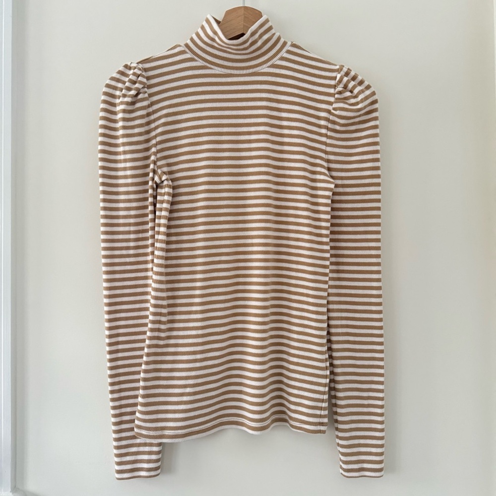 GAP Mock Neck Puff Sleeves Ribbed Tan and White Striped Long Sleeve Top - Picture 2 of 9